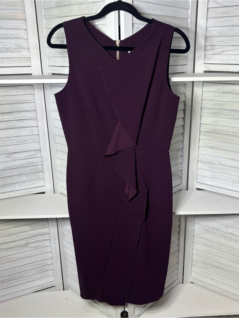 Calvin Klein Plum Purple Ruffle Front Sheath Dress Medium Gold Zip